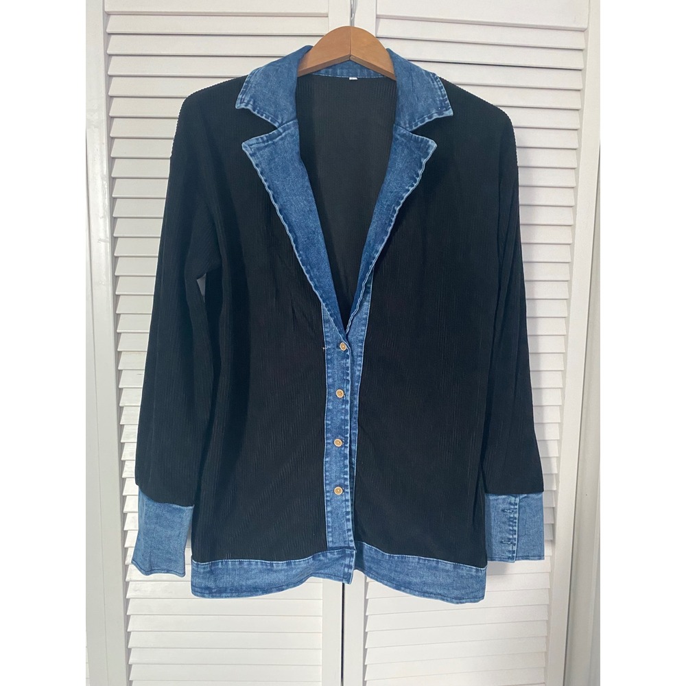Black Ribbed Corduroy Mixed Media Denim Trim Button Down Shirt Jacket Large